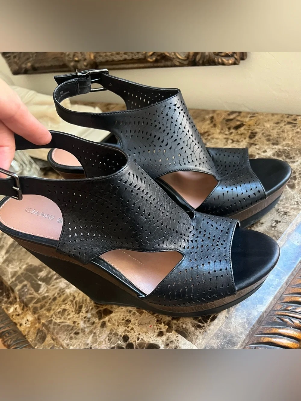 Gianni Bini Black Perforated Leather Wedge Sandals
